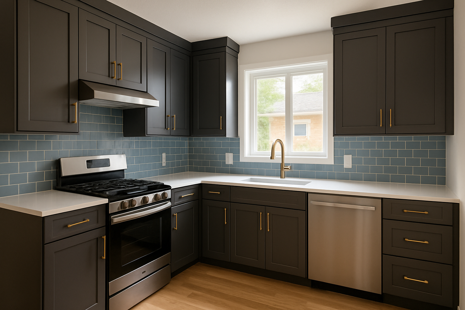 Bright charcoal and white kitchen after remodel
