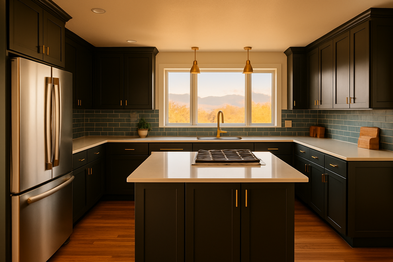 Finished kitchen with charcoal cabinets, slate tile and a mountain view